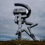 sculpture representing a communist sickle a hammer and a star